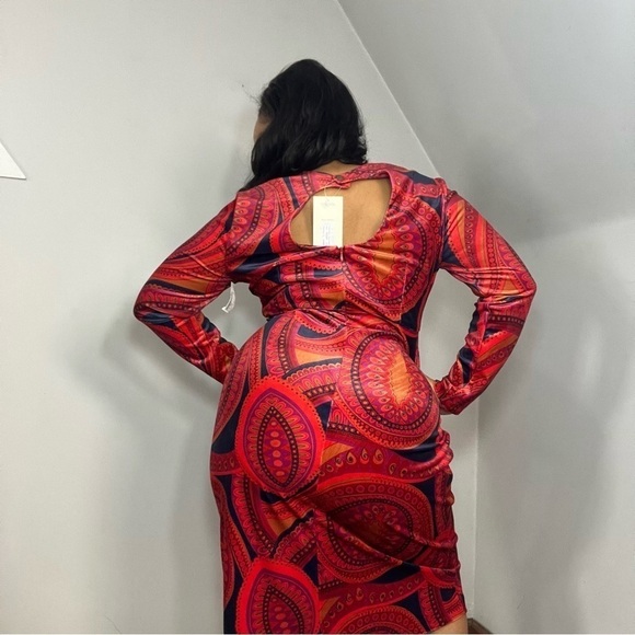 Tyler Boe orange velvet paisley print Dana midi dress bodycon long sleeve boho - Picture 7 of 13